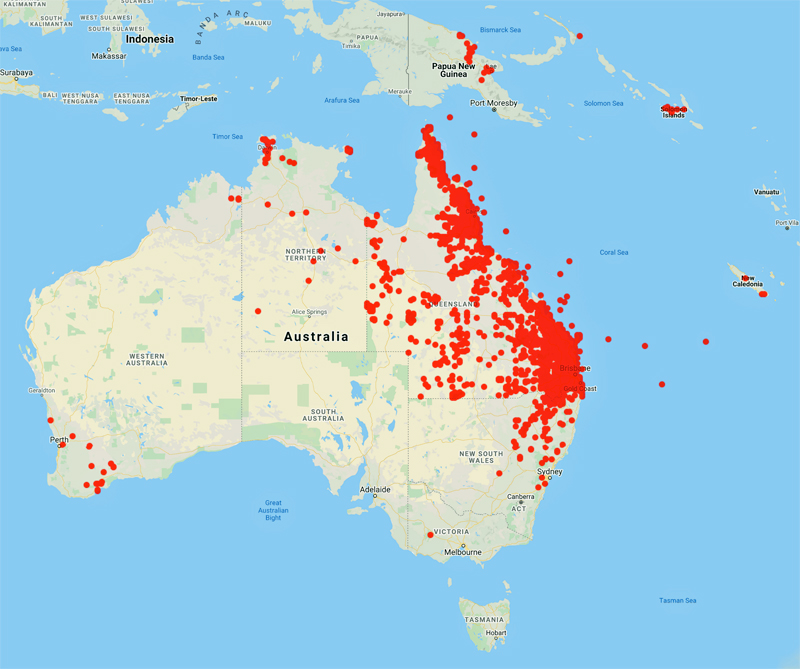 collecting locality map for 'Forster, P.I.'