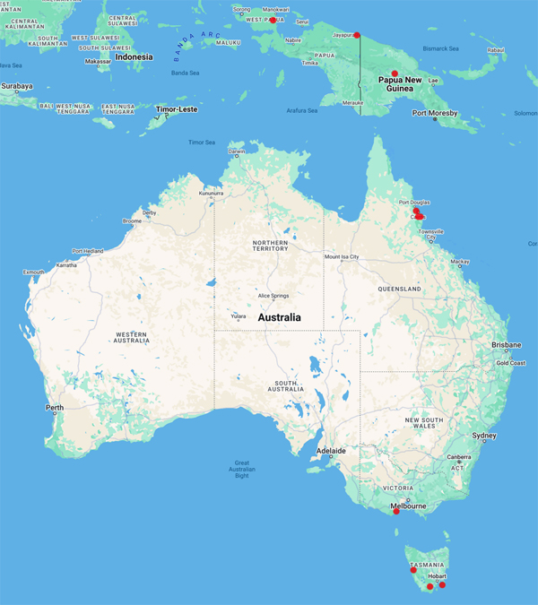 Australian collecting locality map for 'Gibbs, L.S.'