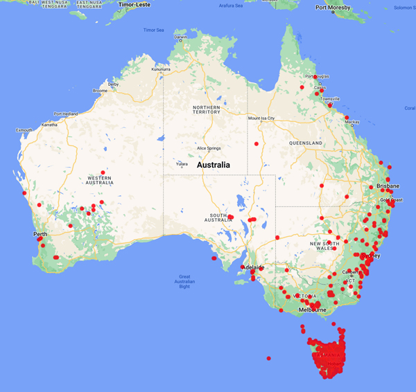 collecting locality map of Australia for 'Rodway, L.'