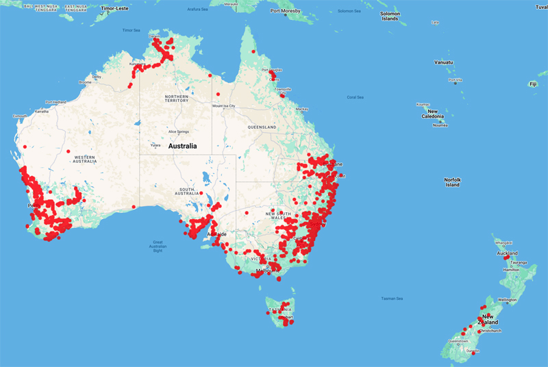 collecting locality map for 'Tindale, M.D.'