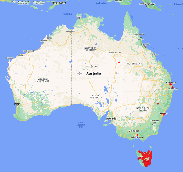 collecting locality map for Aust. 'Towrow, J.E.S.'