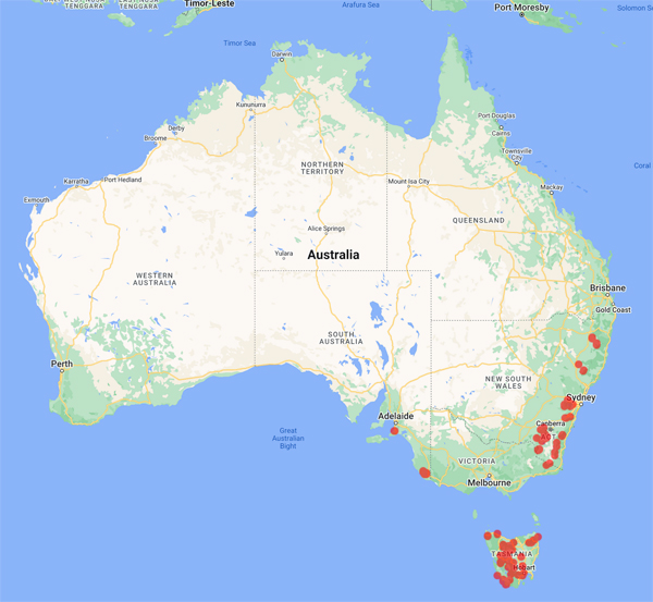 Aust. collecting locality map for 'Whinam, J.'