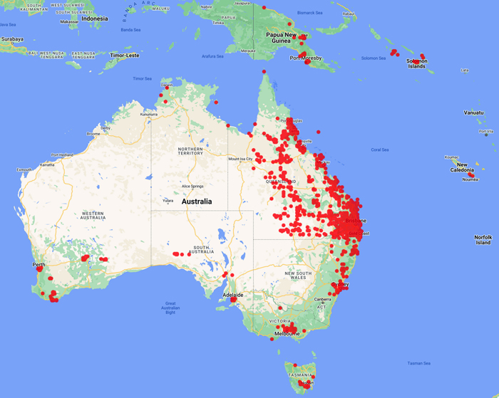 collecting locality map for 'White, C.T.'